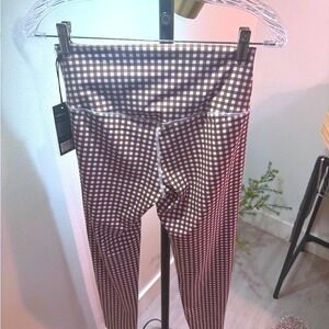 Gingham leggings LG country Kimberly C solid construction back seam brown white
